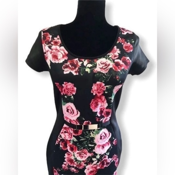 Love J. Floral Pencil Dress Juniors Medium Bodycon Black Pink Floral Roses - Picture 6 of 13
